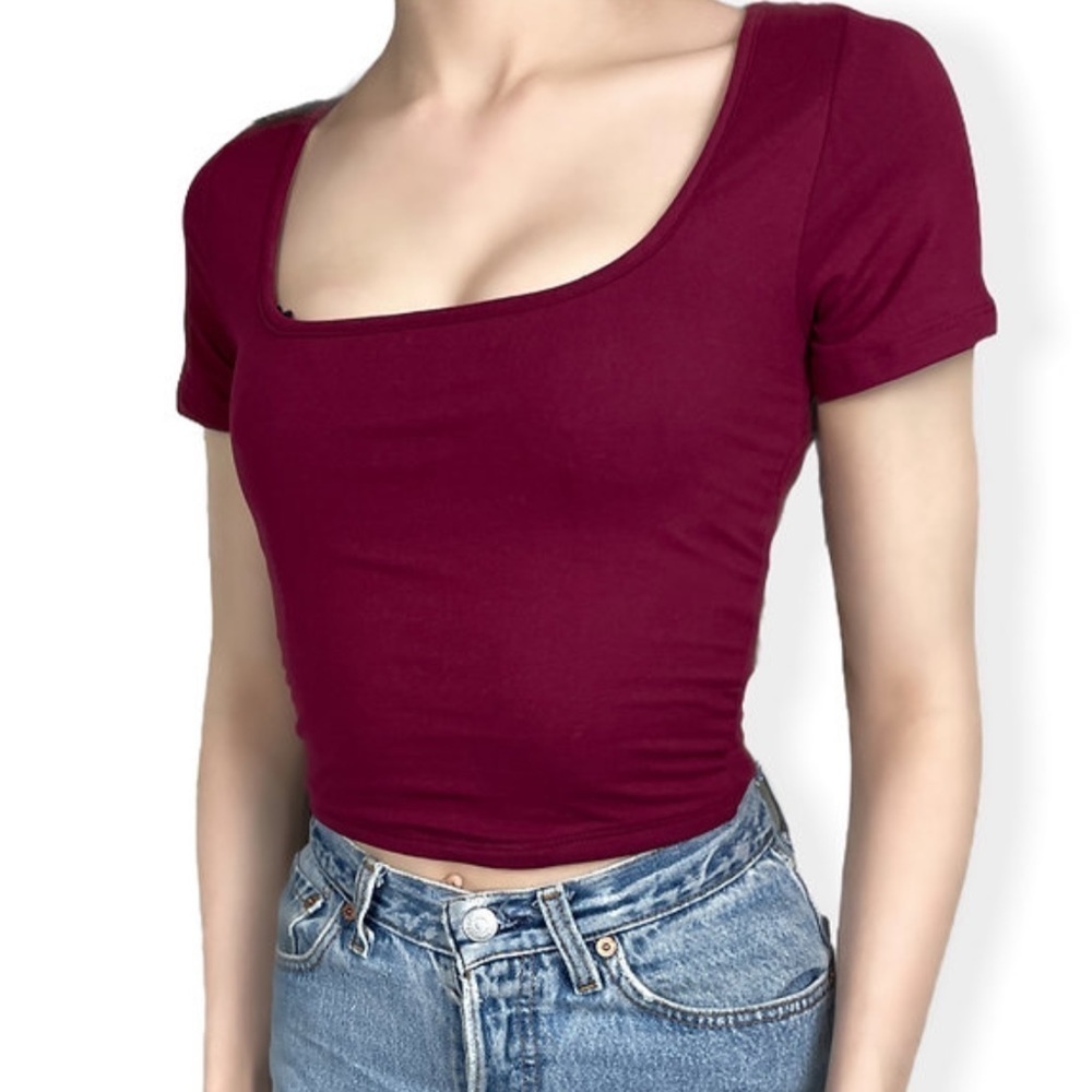 New Super Soft Square Neck Double Layered Short Sleeve Plum Crop Top
